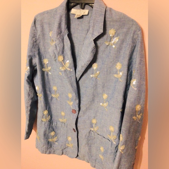 Vintage Susan Starkman lightweight denim flower sequin 2 button jacket medium - Picture 4 of 9